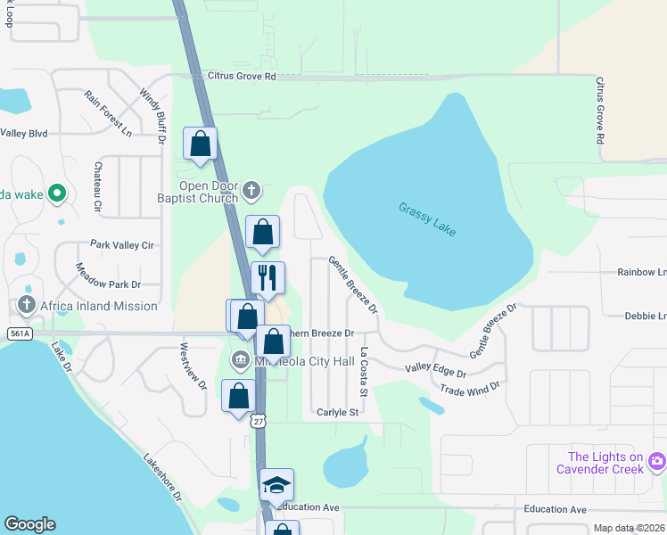 map of restaurants, bars, coffee shops, grocery stores, and more near 124 Gentle Breeze Drive in Minneola