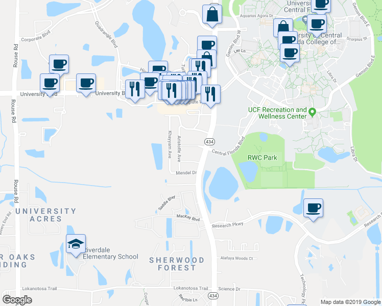 map of restaurants, bars, coffee shops, grocery stores, and more near 7 Darwin Drive in Orlando