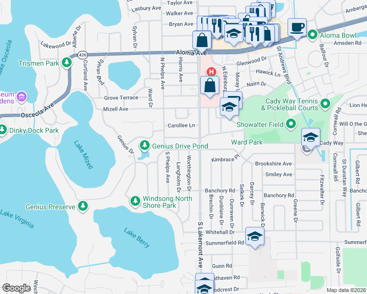 map of restaurants, bars, coffee shops, grocery stores, and more near 1721 Loch Berry Road in Winter Park