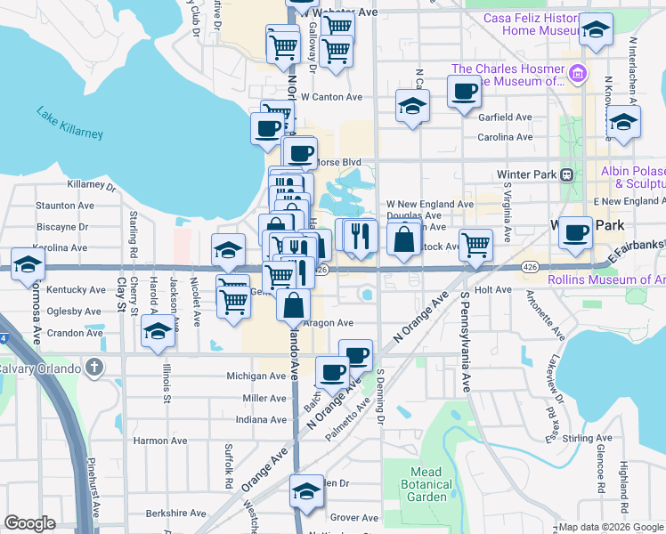 map of restaurants, bars, coffee shops, grocery stores, and more near 1077 West Fairbanks Avenue in Winter Park