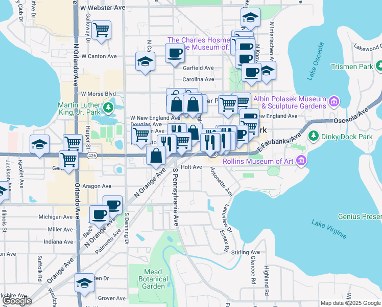 map of restaurants, bars, coffee shops, grocery stores, and more near 501 Florida 426 in Winter Park