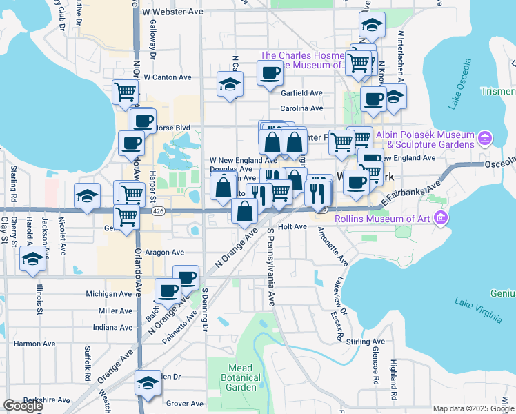 map of restaurants, bars, coffee shops, grocery stores, and more near 610 West Fairbanks Avenue in Winter Park