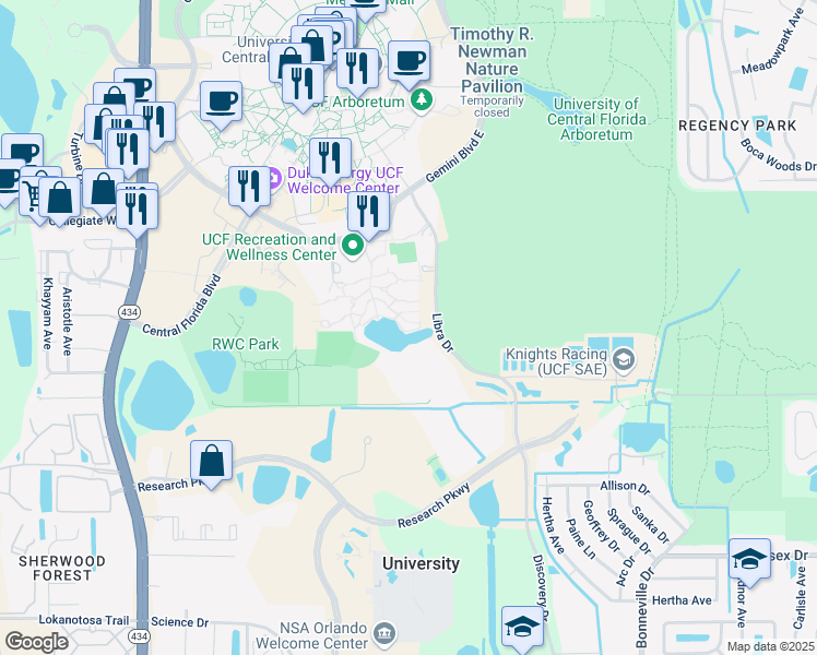map of restaurants, bars, coffee shops, grocery stores, and more near 3676 Libra Drive in Orlando