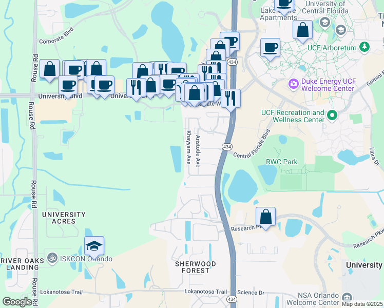 map of restaurants, bars, coffee shops, grocery stores, and more near 3584 Khayyam Avenue in Orlando