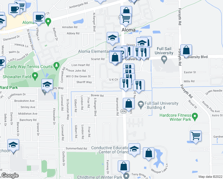 map of restaurants, bars, coffee shops, grocery stores, and more near 2951 Bower Road in Winter Park