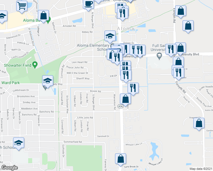 map of restaurants, bars, coffee shops, grocery stores, and more near 2951 Bower Road in Winter Park
