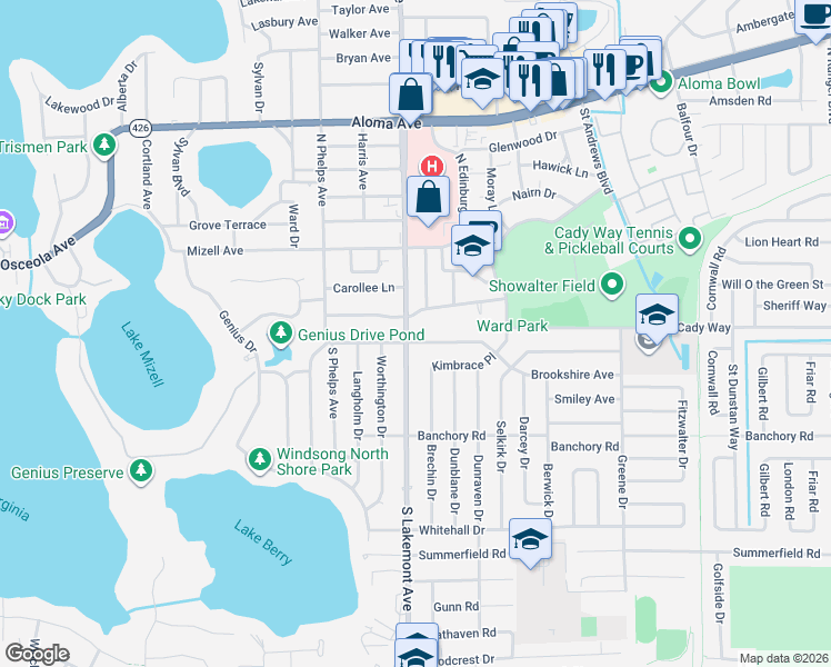 map of restaurants, bars, coffee shops, grocery stores, and more near 1913 Loch Berry Road in Winter Park