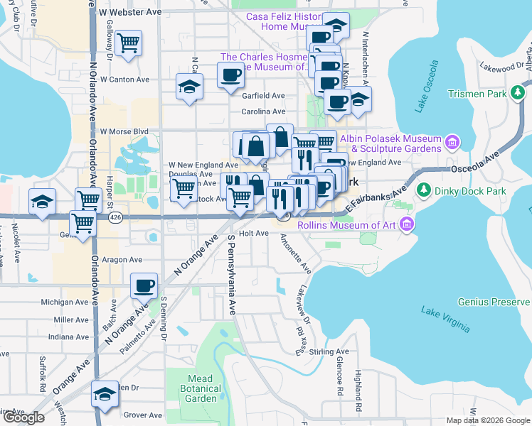 map of restaurants, bars, coffee shops, grocery stores, and more near 400 West Fairbanks Avenue in Winter Park