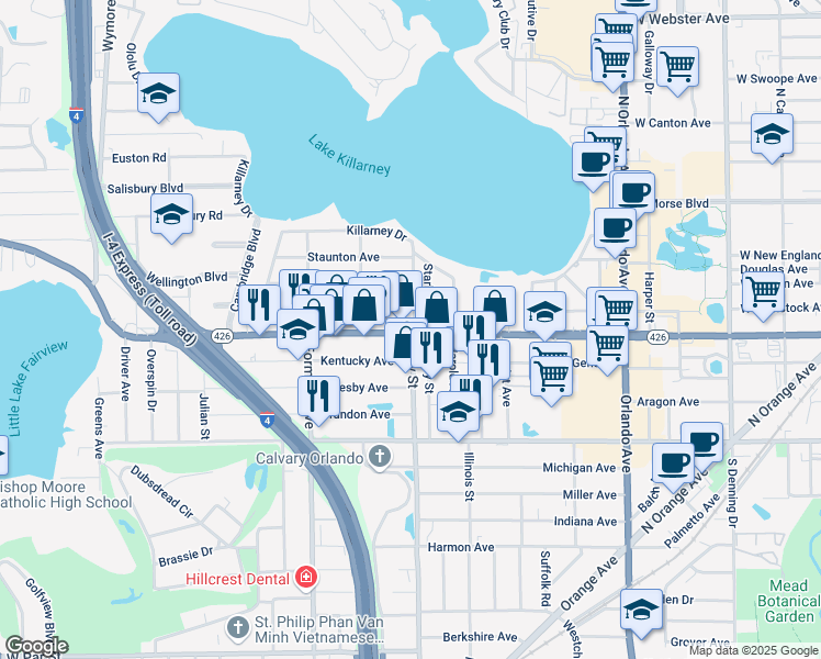 map of restaurants, bars, coffee shops, grocery stores, and more near 1800 West Fairbanks Avenue in Winter Park