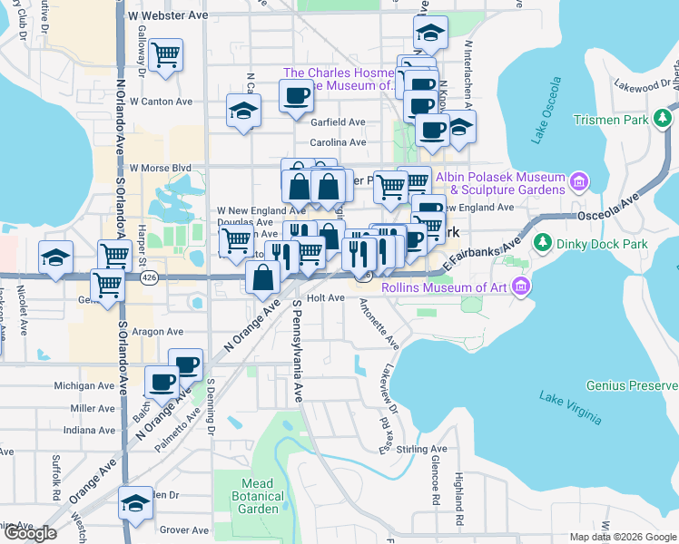 map of restaurants, bars, coffee shops, grocery stores, and more near 501 Florida 426 in Winter Park