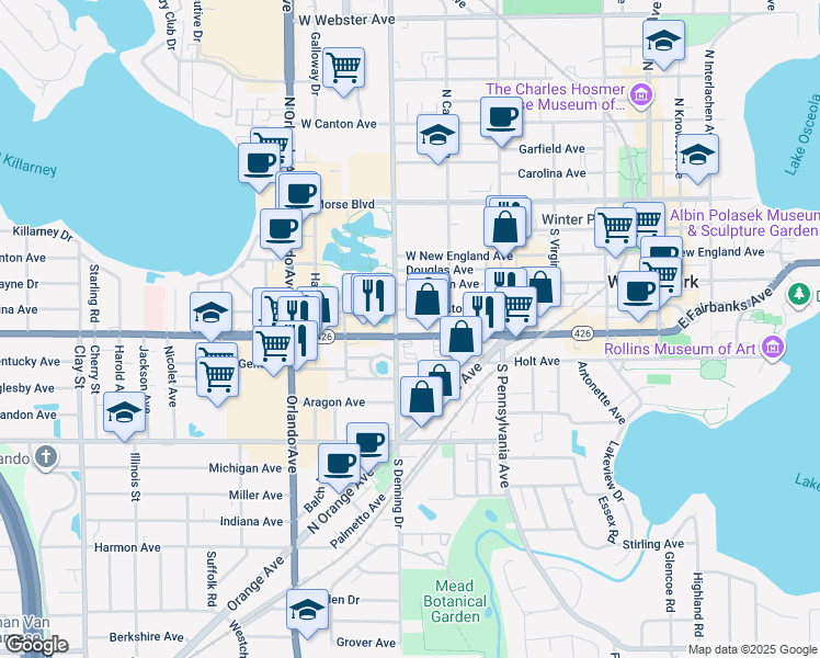 map of restaurants, bars, coffee shops, grocery stores, and more near 860 West Fairbanks Avenue in Winter Park