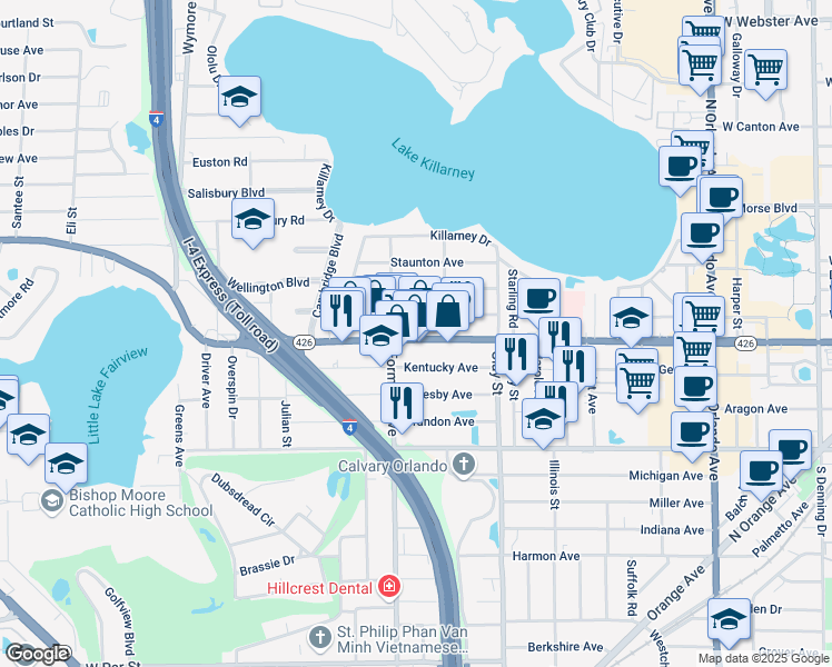 map of restaurants, bars, coffee shops, grocery stores, and more near 2005 Kentucky Avenue in Winter Park