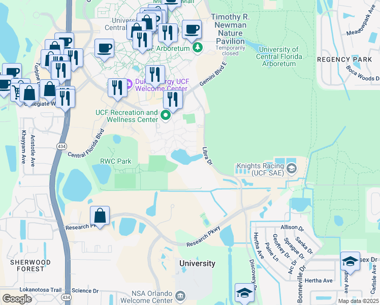 map of restaurants, bars, coffee shops, grocery stores, and more near 3676 Libra Drive in Orlando
