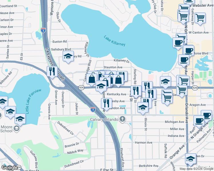 map of restaurants, bars, coffee shops, grocery stores, and more near 2005 Kentucky Avenue in Winter Park