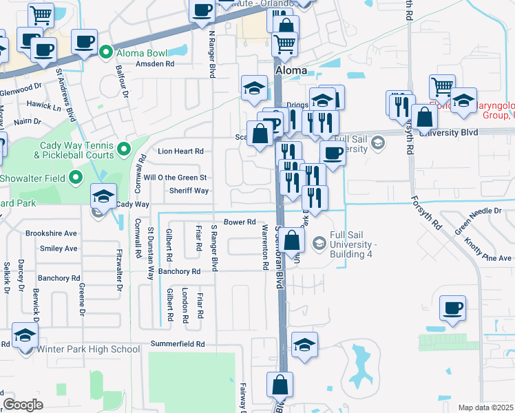 map of restaurants, bars, coffee shops, grocery stores, and more near 2951 Bower Road in Winter Park