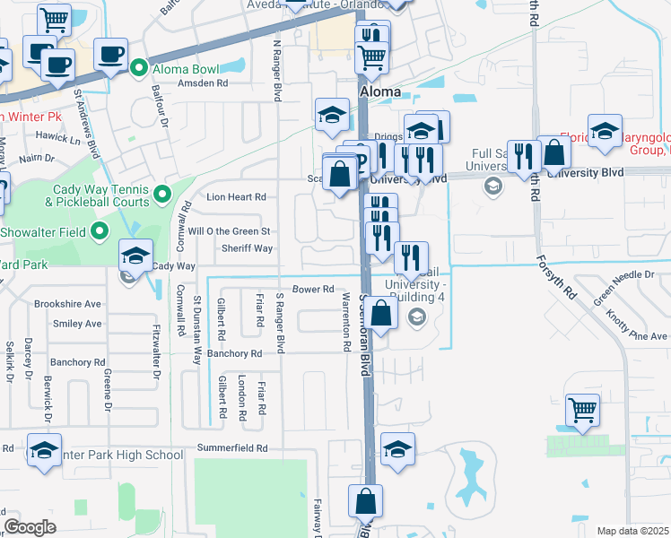 map of restaurants, bars, coffee shops, grocery stores, and more near 3032 Antique Oaks Circle in Winter Park