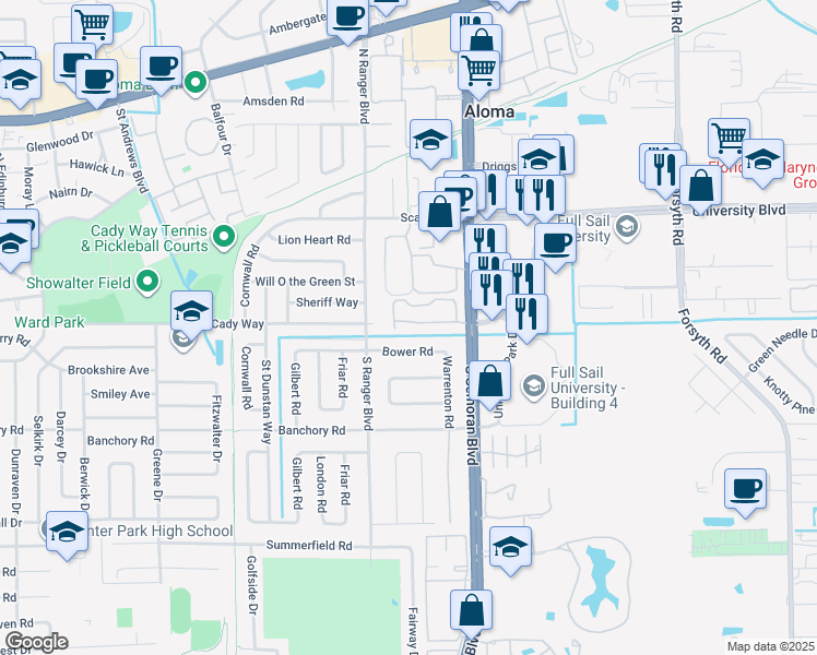 map of restaurants, bars, coffee shops, grocery stores, and more near 2951 Bower Road in Winter Park