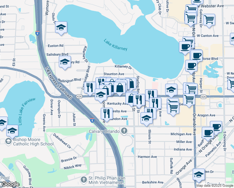 map of restaurants, bars, coffee shops, grocery stores, and more near 1888 Florida 426 in Winter Park