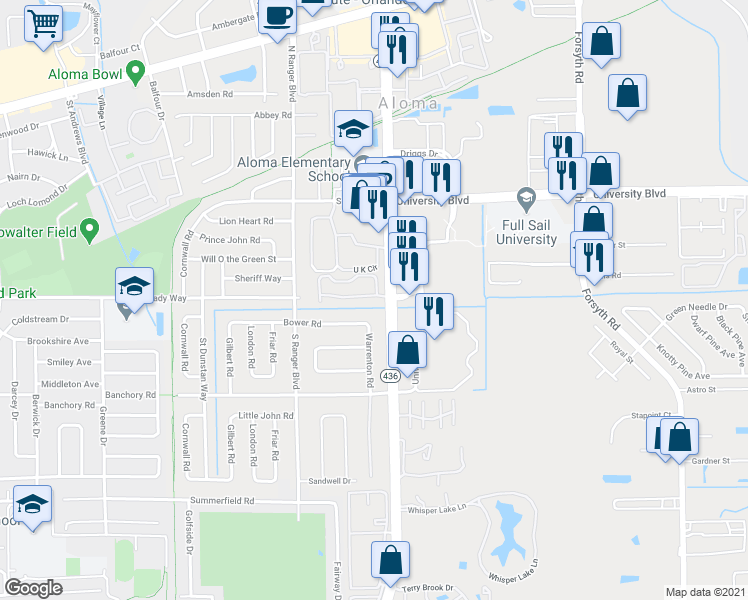 map of restaurants, bars, coffee shops, grocery stores, and more near 3044 Antique Oaks Circle in Winter Park