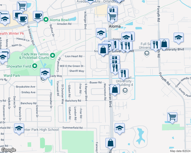 map of restaurants, bars, coffee shops, grocery stores, and more near 2951 Bower Road in Winter Park