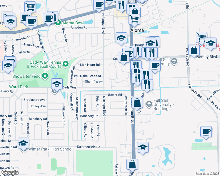map of restaurants, bars, coffee shops, grocery stores, and more near 2919 Bower Road in Winter Park