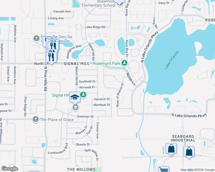 map of restaurants, bars, coffee shops, grocery stores, and more near 3940 Rose Petal Lane in Orlando
