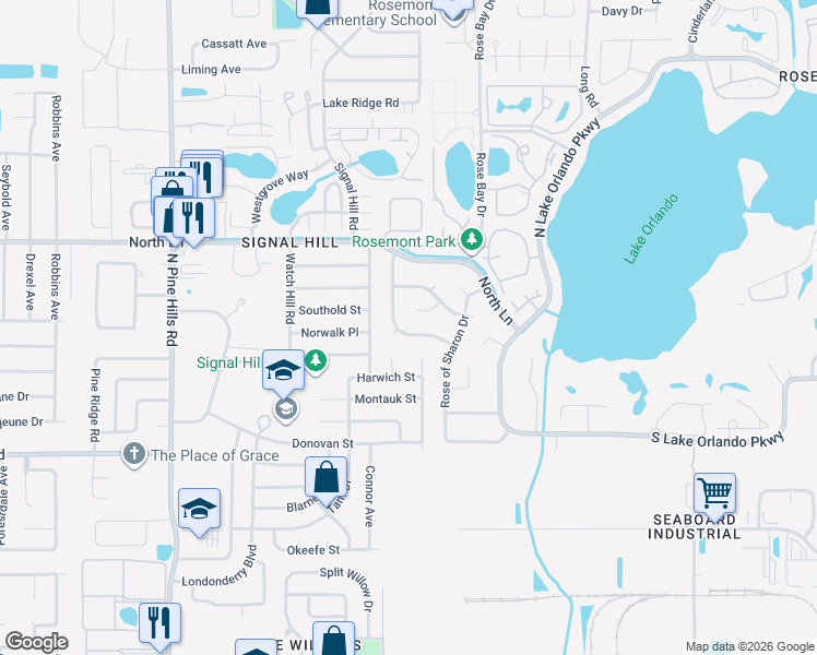 map of restaurants, bars, coffee shops, grocery stores, and more near 3940 Rose Petal Lane in Orlando