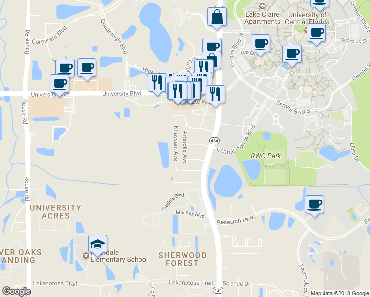 map of restaurants, bars, coffee shops, grocery stores, and more near Aristotle Avenue in Orlando