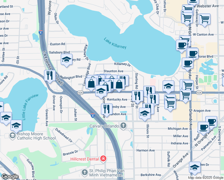 map of restaurants, bars, coffee shops, grocery stores, and more near 2005 Kentucky Avenue in Winter Park