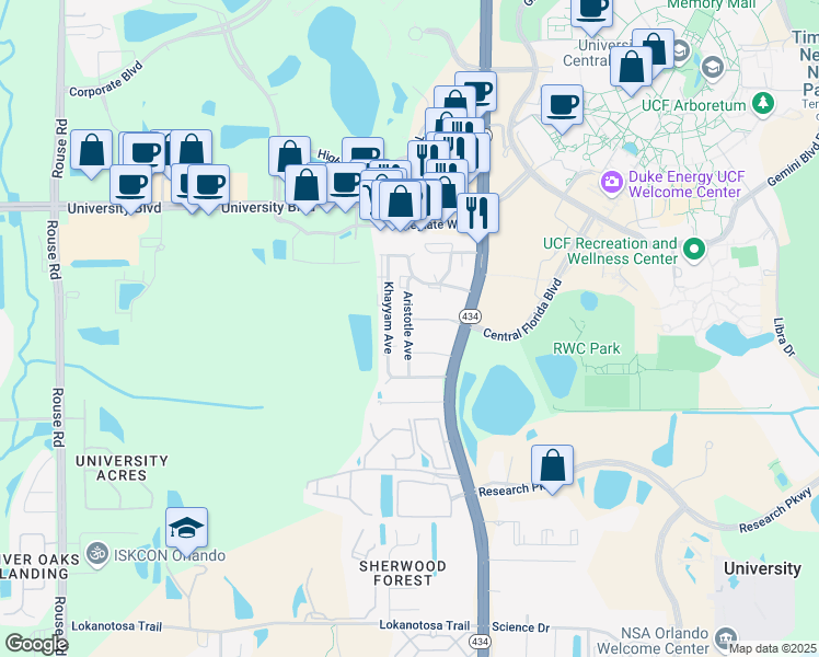 map of restaurants, bars, coffee shops, grocery stores, and more near Aristotle Avenue in Orlando