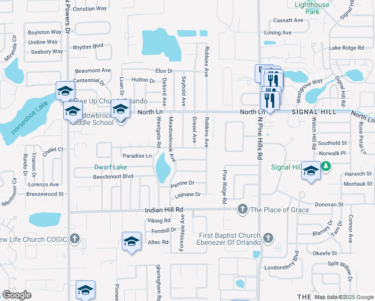 map of restaurants, bars, coffee shops, grocery stores, and more near 5609 Riordan Way in Orlando