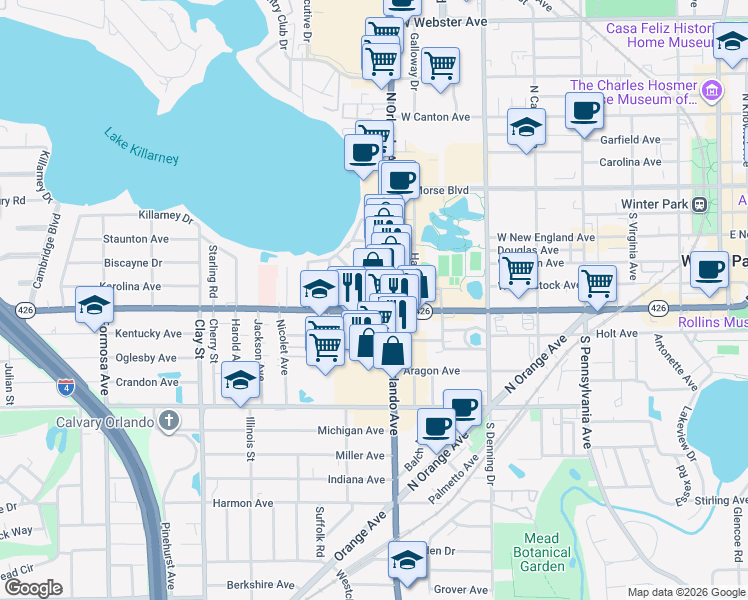 map of restaurants, bars, coffee shops, grocery stores, and more near 1245 West Fairbanks Avenue in Winter Park