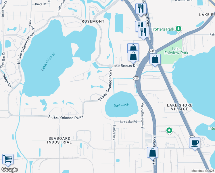 map of restaurants, bars, coffee shops, grocery stores, and more near 3719 South Lake Orlando Parkway in Orlando
