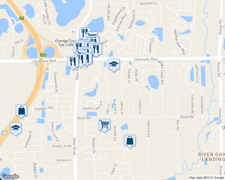 map of restaurants, bars, coffee shops, grocery stores, and more near 3224 Buck Hill Place in Orlando