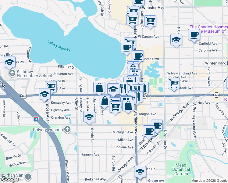 map of restaurants, bars, coffee shops, grocery stores, and more near 1350 Florida 426 in Winter Park