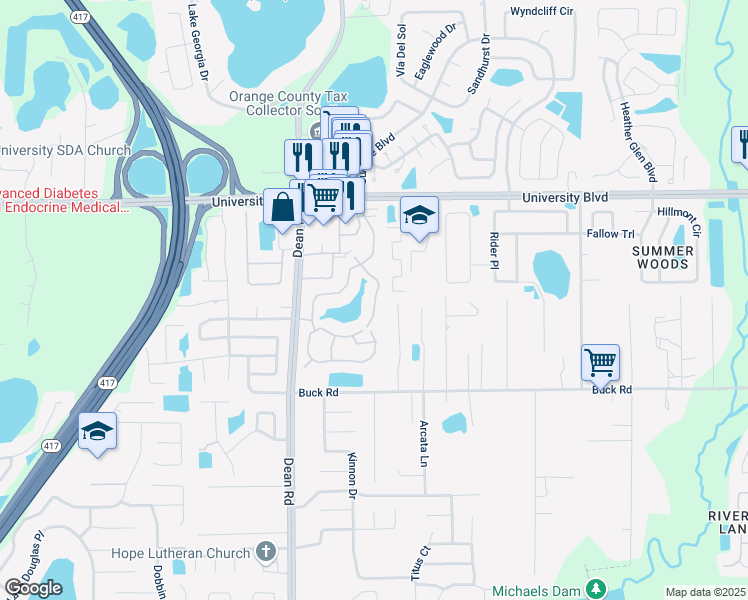 map of restaurants, bars, coffee shops, grocery stores, and more near 3378 Mission Lake Drive in Orlando