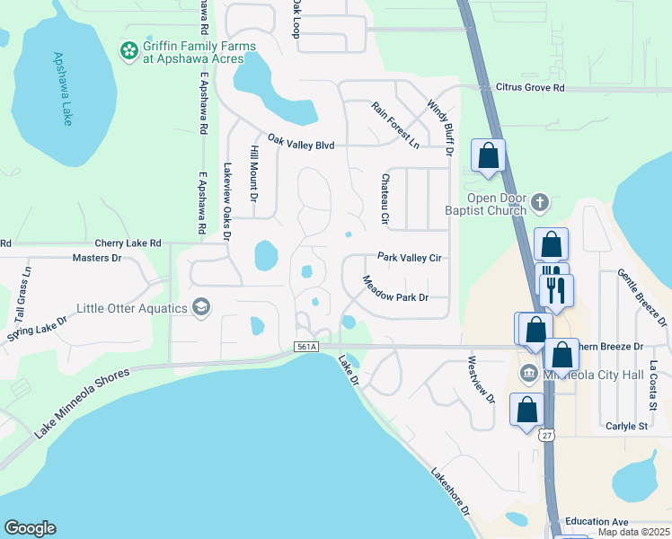 map of restaurants, bars, coffee shops, grocery stores, and more near 919 Park Valley Circle in Minneola