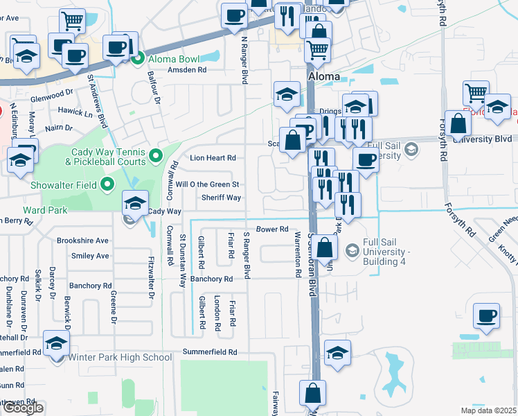 map of restaurants, bars, coffee shops, grocery stores, and more near 2919 Bower Road in Winter Park