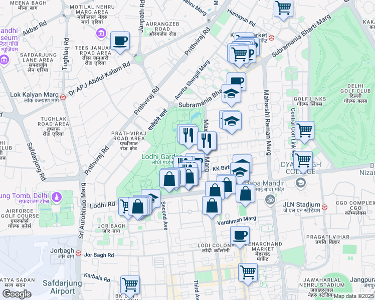map of restaurants, bars, coffee shops, grocery stores, and more near Max Mueller Marg in New Delhi