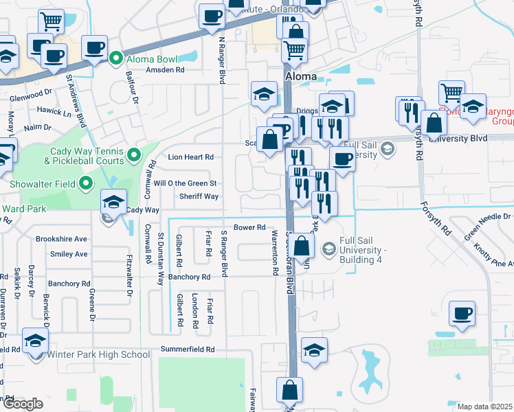 map of restaurants, bars, coffee shops, grocery stores, and more near 2951 Bower Road in Winter Park