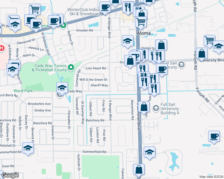 map of restaurants, bars, coffee shops, grocery stores, and more near 2919 Bower Road in Winter Park