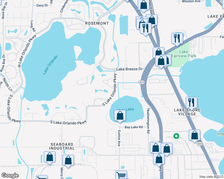 map of restaurants, bars, coffee shops, grocery stores, and more near 3719 South Lake Orlando Parkway in Orlando
