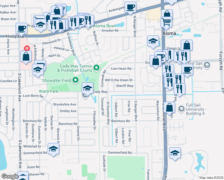 map of restaurants, bars, coffee shops, grocery stores, and more near 376 Saint Dunstan Way in Winter Park