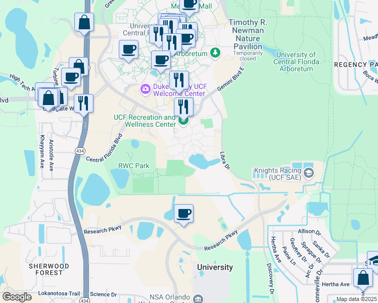 map of restaurants, bars, coffee shops, grocery stores, and more near Gemini Blvd in Orlando