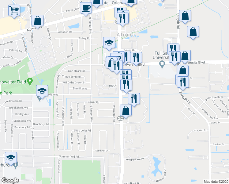 map of restaurants, bars, coffee shops, grocery stores, and more near 242 South Semoran Boulevard in Winter Park