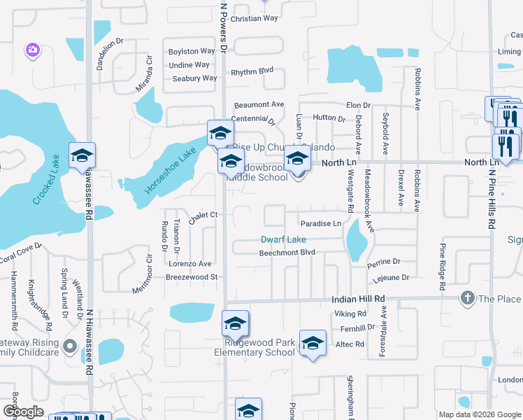 map of restaurants, bars, coffee shops, grocery stores, and more near 6216 Oakcrest Circle in Orlando