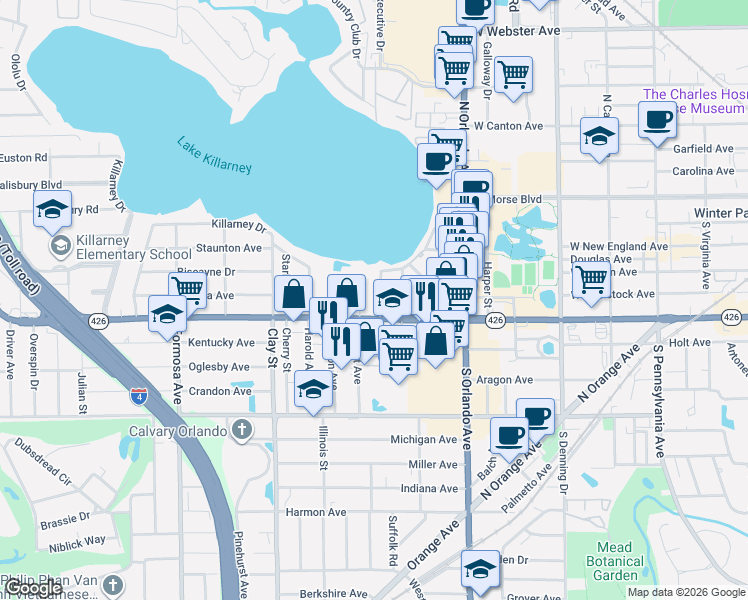 map of restaurants, bars, coffee shops, grocery stores, and more near 439 Lakeview Avenue in Winter Park
