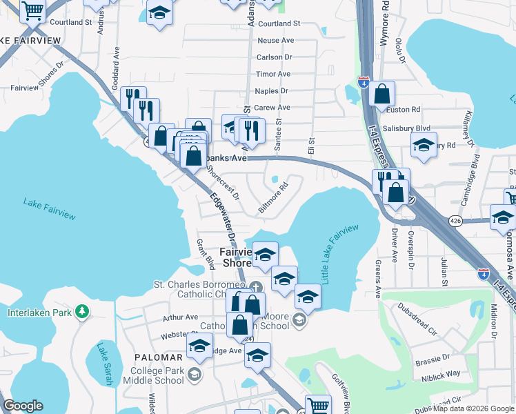 map of restaurants, bars, coffee shops, grocery stores, and more near 4249 Kendrick Road in Orlando