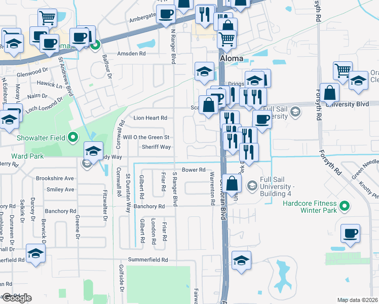 map of restaurants, bars, coffee shops, grocery stores, and more near 3073 U K Circle in Winter Park