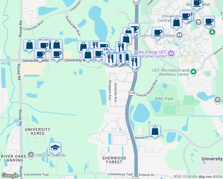 map of restaurants, bars, coffee shops, grocery stores, and more near 3712 Khayyam Avenue in Orlando